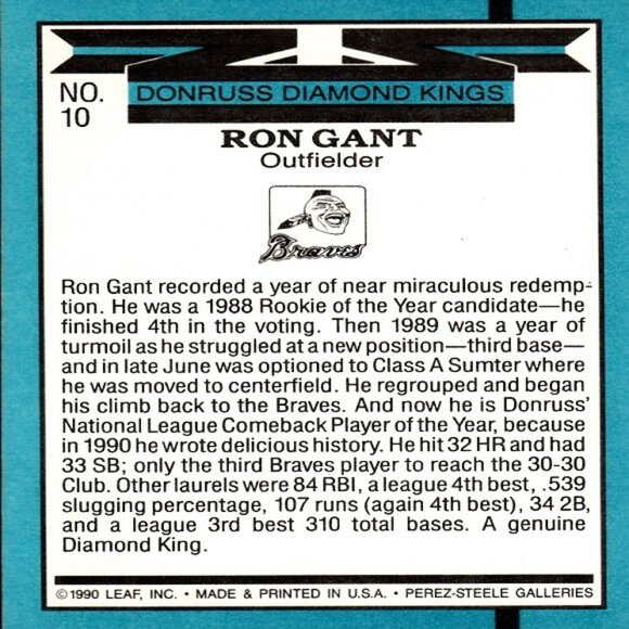 Ron Gant (Atlanta Braves) Vintage Donruss '91 Diamond Kings Card - Number 10 - Picture 2 of 2